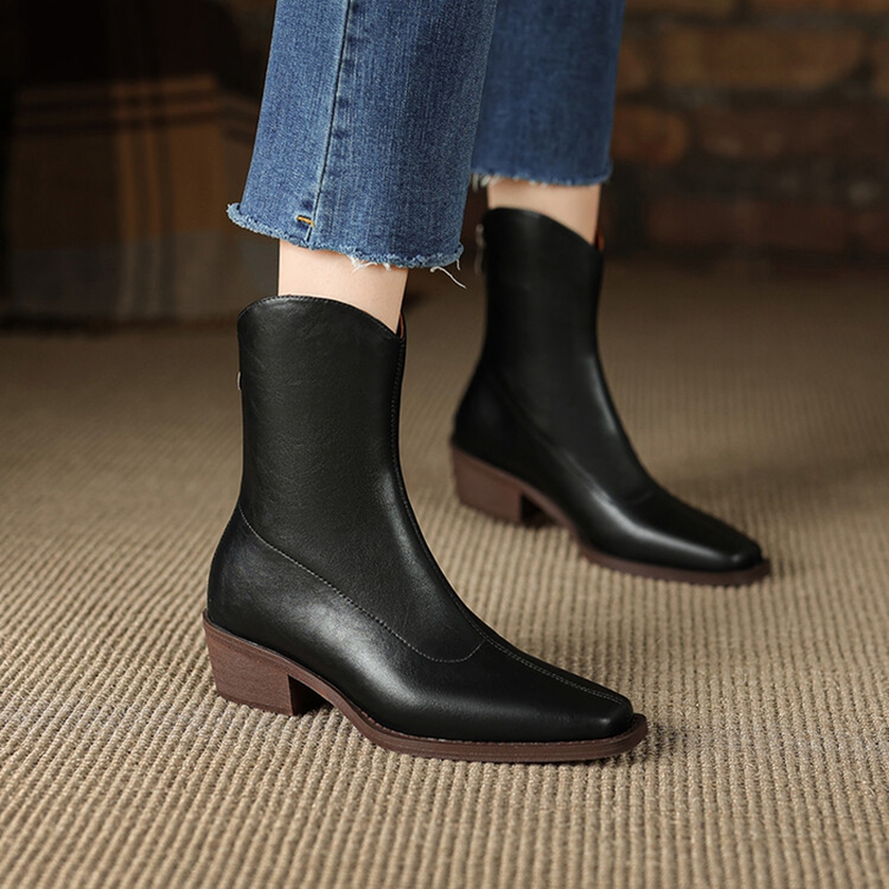 Fashion NEW Split Leather Square Toe Chunky Shoes Winter Zipper Western Women Solid High Heel Boots 686d