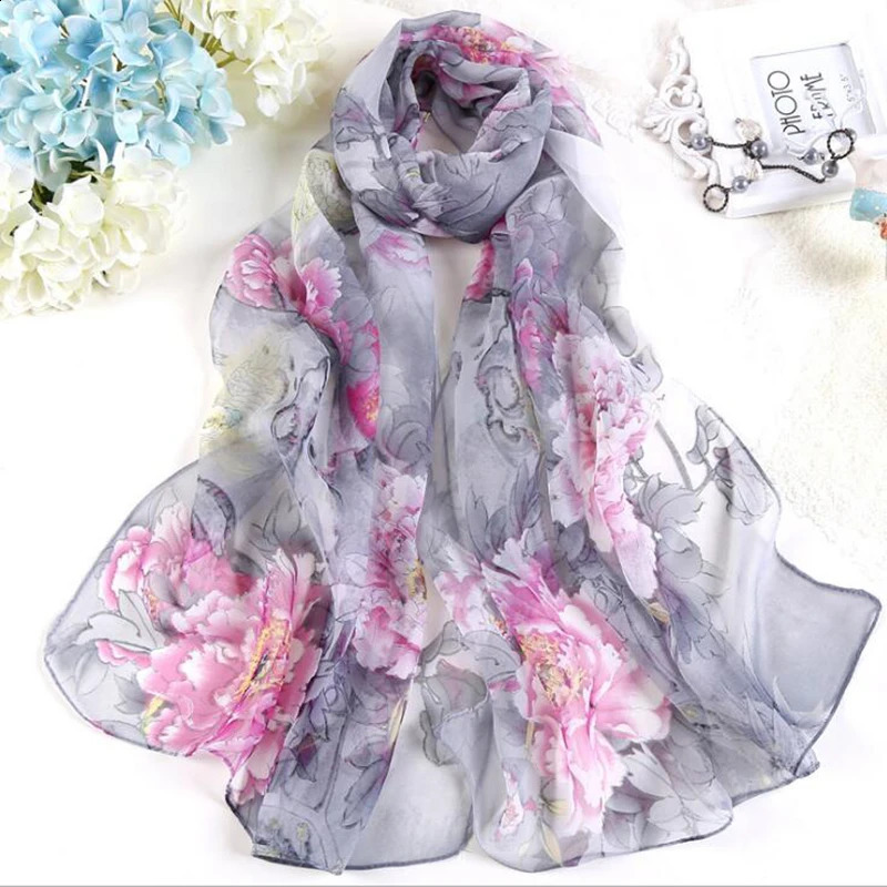 Women Fashion Chiffon Georgette Silk Scarf For Muslim Hijab Peony Flower Bandana Summber Beach Sarong Scarf Shawl HY30 240912