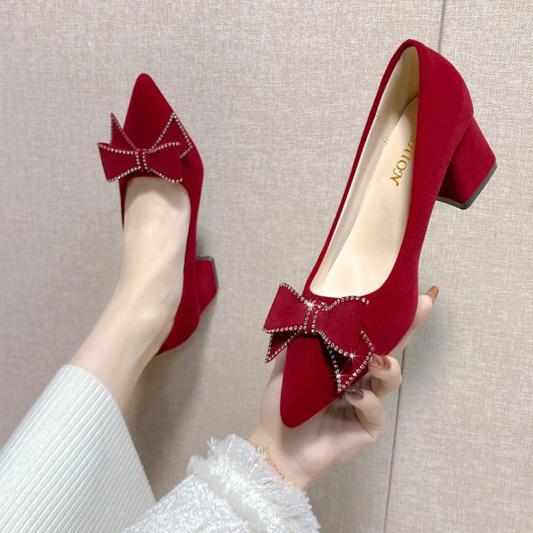 Shallow pointed rhinestone bow with thick heels and high heels for women's shoes 1696N