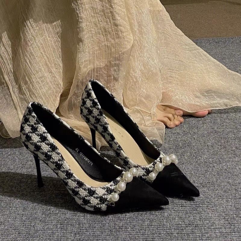 Korean Version Pearl High Heels Slender Heel Spike Single Shoes 2023 New Fashion Simple Shallow Mouth Womens Shoes Autumntime