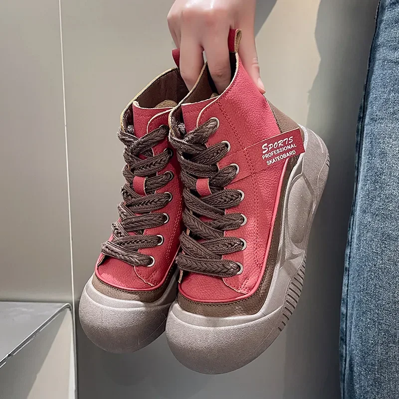 Top High Women's Sneakers Round Toe Platform Lace Up Sports Vulcanized Shoes Mixed Color Casual Spring Autumn Ladies Tennis Shoe 6d09 11f9 e34b