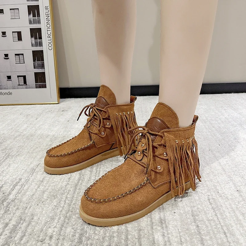 Vintage Tassel Lace-up Ankle for Women Autumn Winter Pointed Toe Cowgirl Woman Suede Western Cowboy Boots 222f