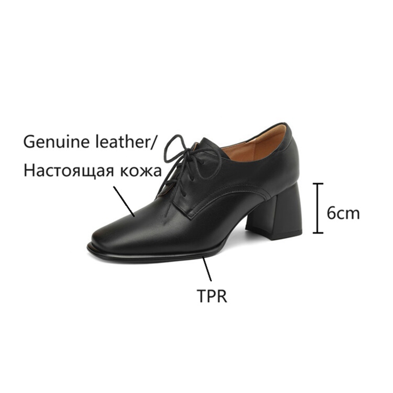Genuine Spring/Autumn Leather for Square Toe Chunky Women Pumps Lace-up Black High Heel Shoes f005