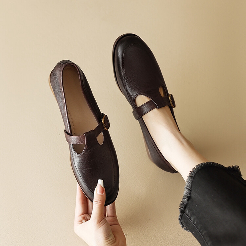 NEW Spring Women Pumps Genuine Leather Shoes for Women Round Toe Chunky Heel Shoes Retro Low Heel Mary Janes Retro Brown Shoes
