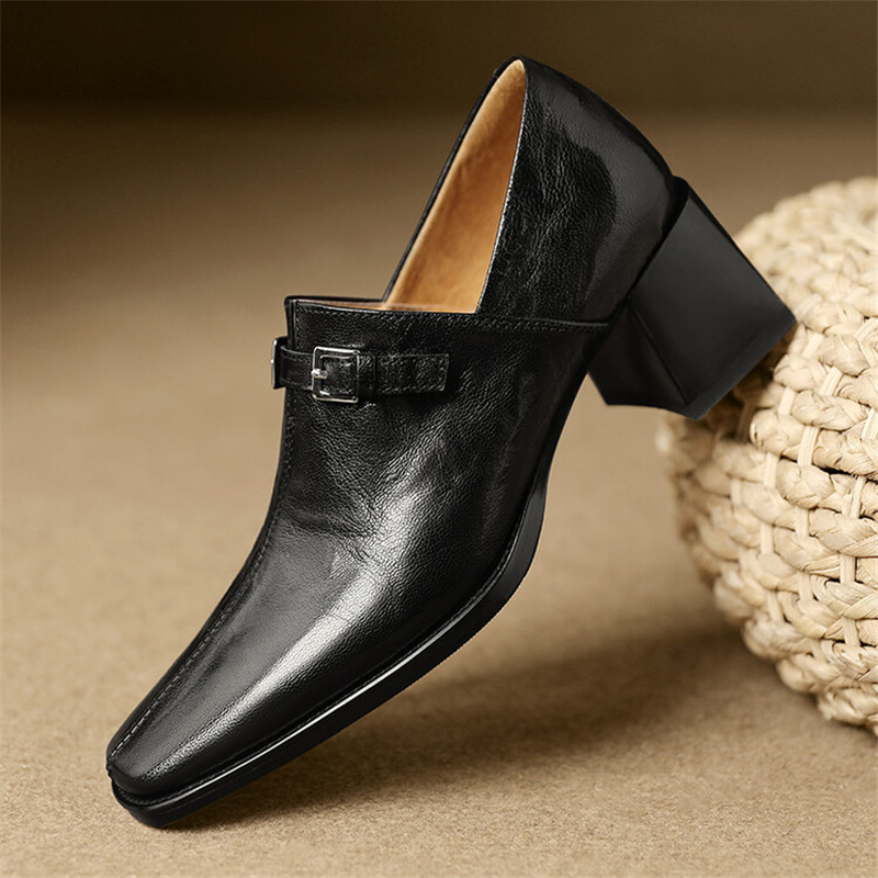 2024 Spring Women Shoes Square Toe Chunky High Heels Women Pumps Shoes for Women Genuine Leather Loafers Shoes Zaptos Mujer