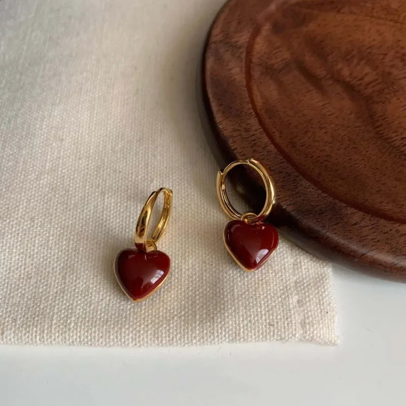 Simple n Wine Red Love Heart Dangle Earrings for Women Gold Color Circle Vintage Peach Drop Earring Can Be Separated 240906