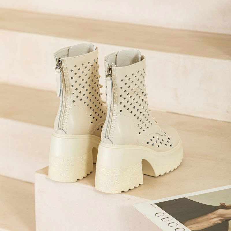 Comfortable Women's Hollow Out Fashion Genuine Leather Shoes For Women 2024 New Spring Breathable Ankle Boots b9f1