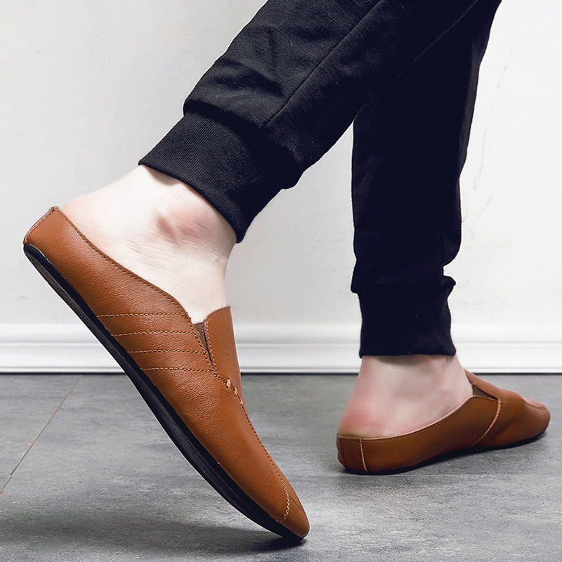 Man Summer Fashion Casual Shoes Male Breathable Backless Loafer Half Shoes Back Leather Muller Shoes Low Heel Shoes Half Slipper