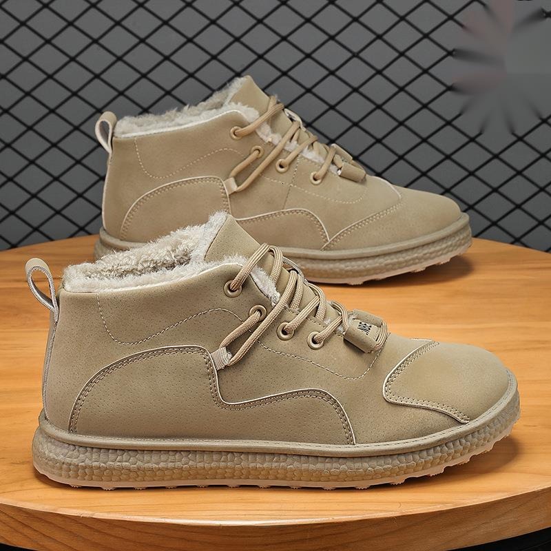 Winter thick snow with added fleece, outdoor sports warm cotton shoes, mid top lace up men's suede leather boots