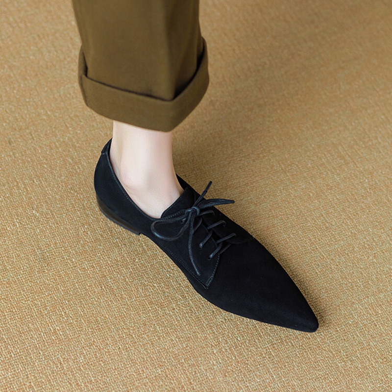 Spring/Autumn NEW Pumps Sheep New Suede Leather for Women Pointed Toe Low Heel Casual Black Lace-up Handmade Shoes 9e9d