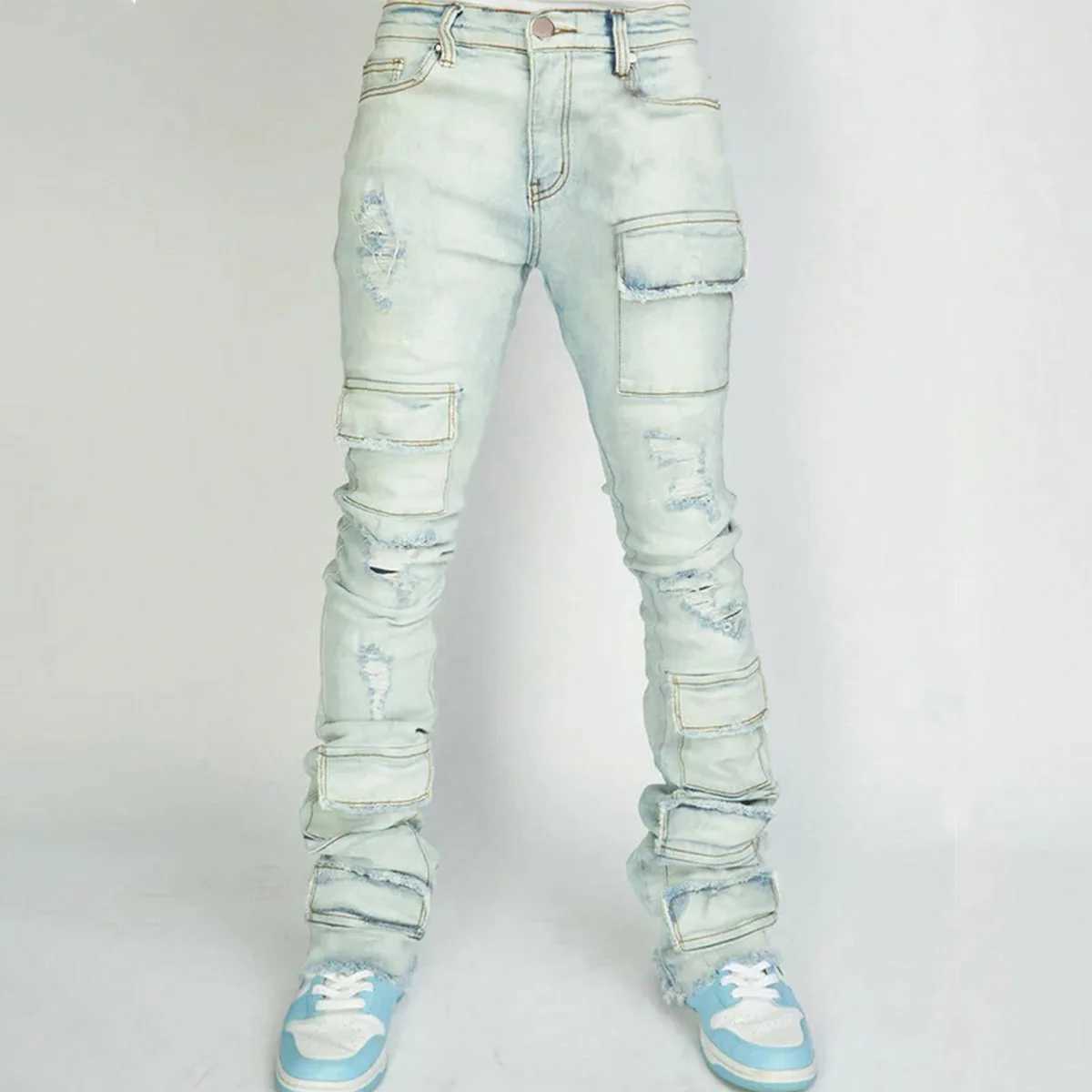 New vintage cargo jeans mens stretch torn washed Y2k pants straight leg mens patch denim Trouser CL240912