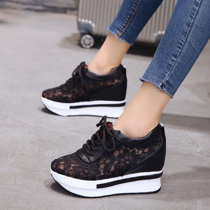 Womens Wedge Heel Mesh Sneakers Women's Shoes Thick Sole Sneakers Breathable Casual Shoes Lace Up Height Increasing White Tenis