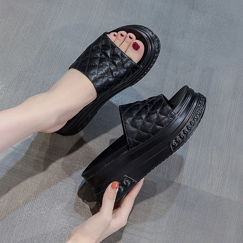 7cm Platform Slippers Wedge Shoes Beach Genuine Leather Women Summer Shoes Breathable Slides Beach Shoes Black Summer