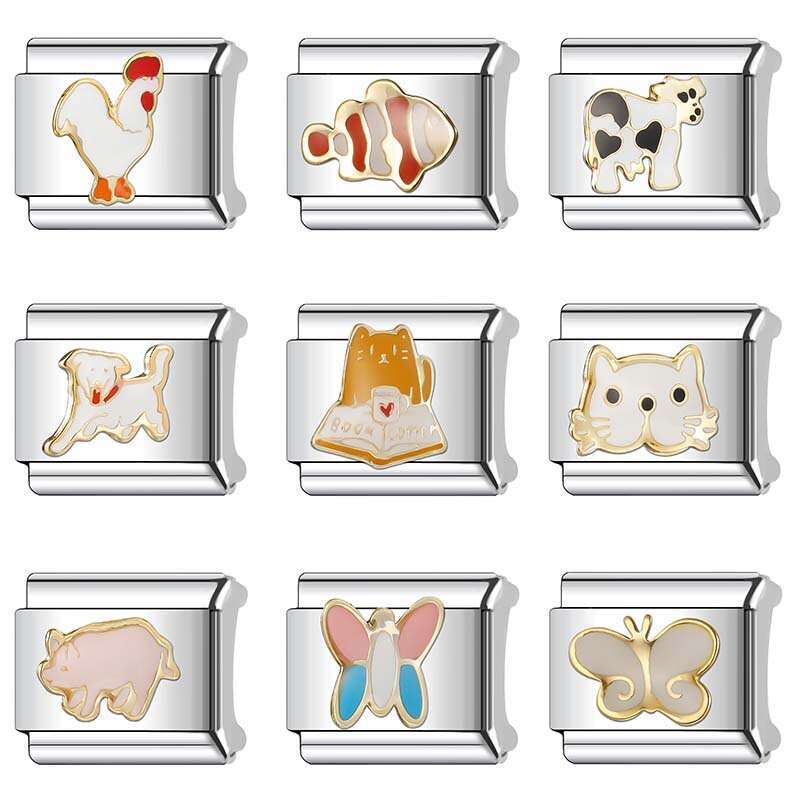 New Women's Gift Pretty Animal Cat with Enamel Bead Italian Charms Links Bangle Beads Fit 9mm Stainless Steel Bracelet Making DIY For Women Fashi