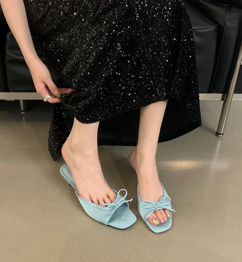 Shoes New Low Thin Heels Woman's Slippers Square Toe Slides Butterfly-Knot 2024 Butterfly-knot Rubber Fabric Silk PU Rome Hoof aa4a