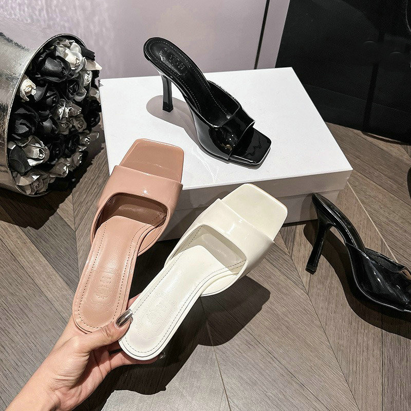 2024 New Summer Patent Leather High Heels Slides Thin Heels Square Head Open Toe Sexy Wear Slippers
