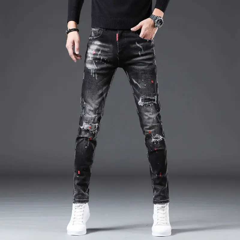 New spring autumn denim mens jeans ultra-thin painful tearing pants paint splatter design streetwear luxurious ultra-thin jeans CL240912