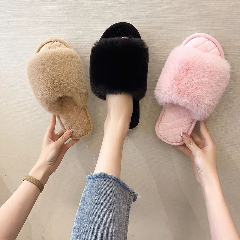 2023 New Woman Slippers Winter Simple Word Fur Flats Soft Home Women Slippers Faux Fur Warm Bedroom Leisure Female Slides Shoes