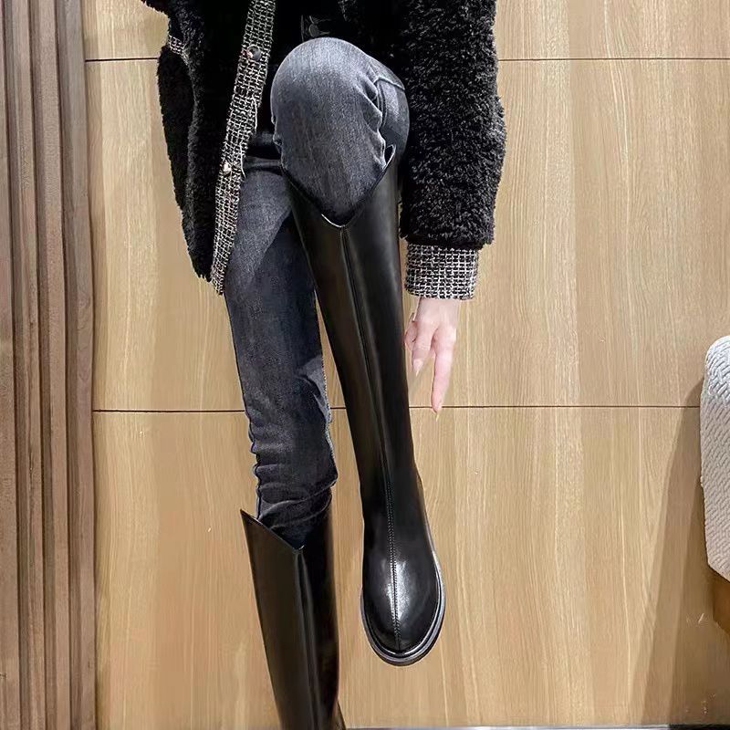Black Footwear Brown Middle Heel Long Shoes for Woman Pointed Toe Winter Knee High Shaft Leather Women's Boots Pu Y2k Quality 39