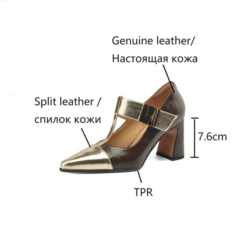 Spring/Autumn NEW Pumps Genuine Leather for New Women Pointed Toe Chunky Buckle High Heel Mary Janes Shoes 18ec