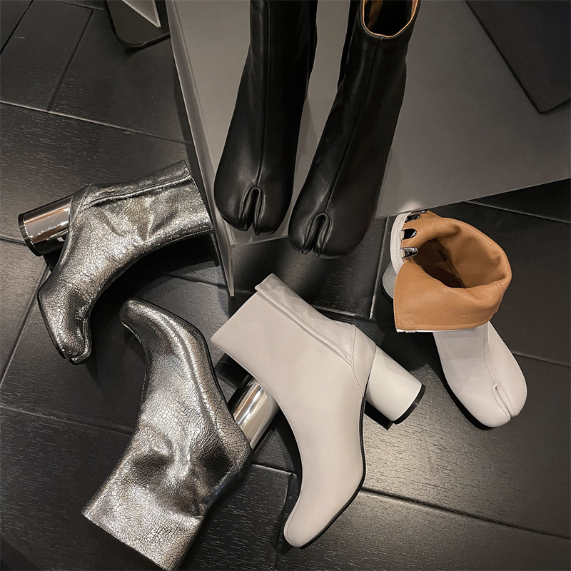 2024 Winter Split Toe Women Boots Autumn Short Boots Genuine Leather Women Shoes High Heels Ankle Boots for Women Real Leather