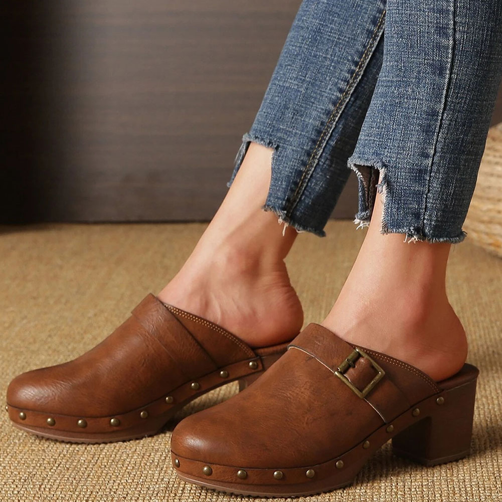 Brand New Dropship 2023 New Women Brown Buckle Decor Mules Chunky Heeled Elegant Pump Vintage Comfy Women Mules Sandals Shoes