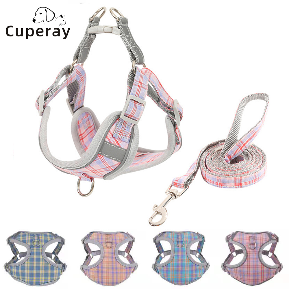 Plaid Dog Harness with Leash Adjustable Reflective Vest-style Pet Harness and Leash Set for Large, Medium and Small Dogs Outdoor