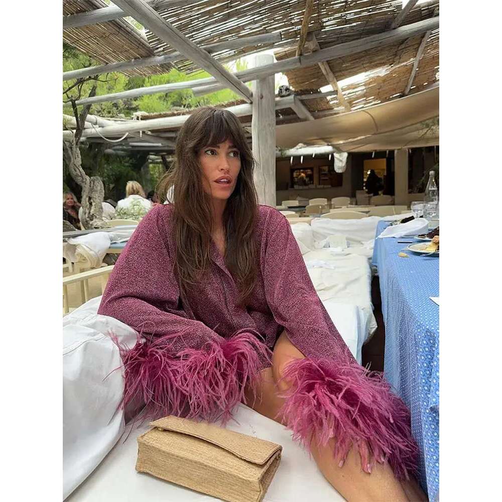 Glitter Feather Patchwork Single-Breasted Shirt For Women Chic Stand Collar Long Sleeve Loose Top 2024 Lady Holiday Beach Shirts