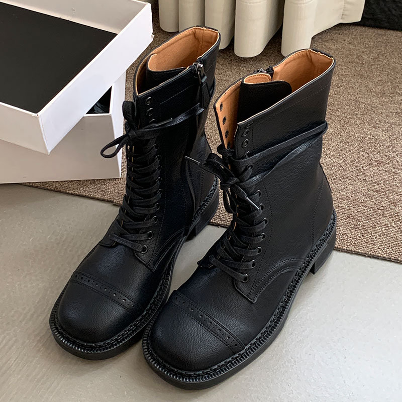 New Black Footwear Flats Ladies Ankle Boots With Lace Up Shoes Female Fashion Round Toe Designer Women Knee High Long Booties