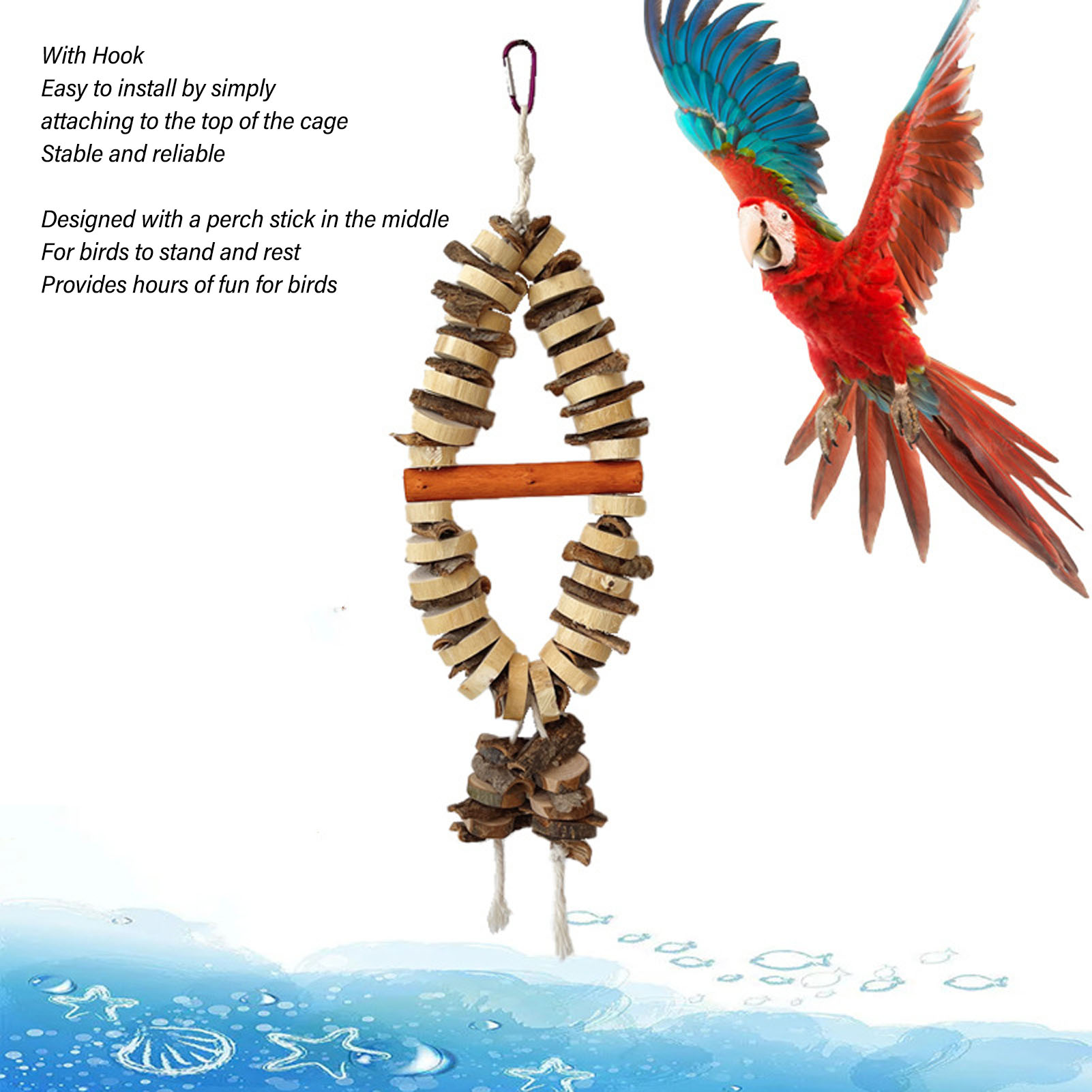 Bird Chewing Toy Beak Grinding Tear Resistant Wooden Bird Cage Toy With Hook For Medium Large Parrots