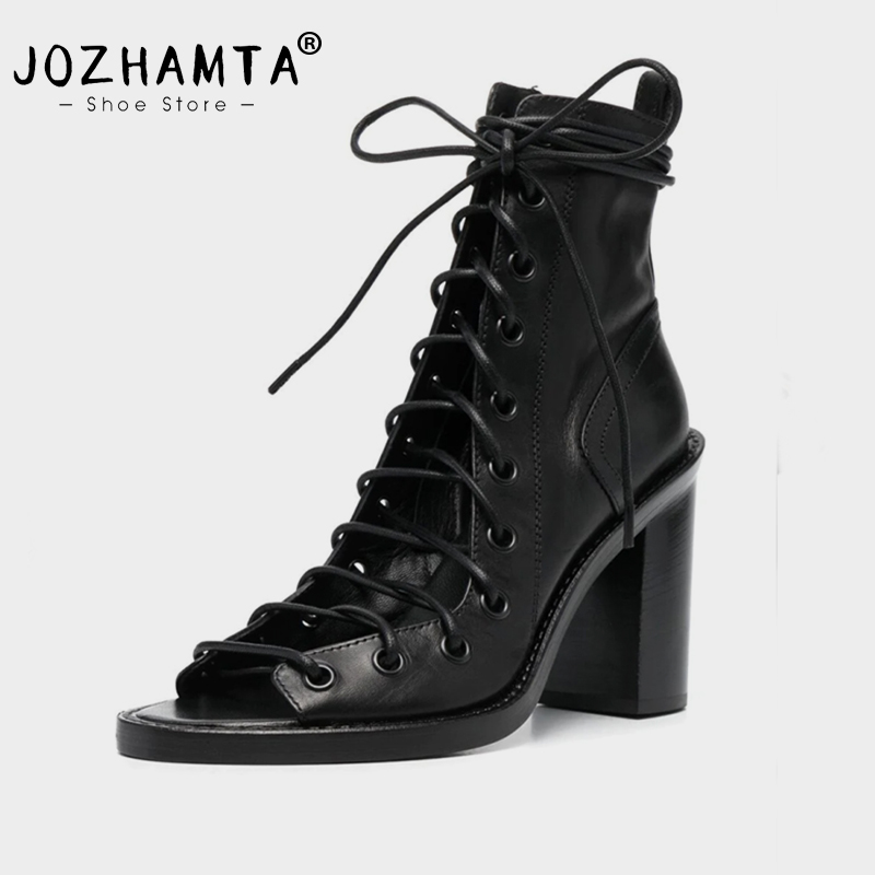 Size JOZHAMTA 35-43 Women Gladiator Sandals Summer 2025 Real Leather Thick High Heels Shoes Lace-Up Ankle Sandalias Party Dress 66a5