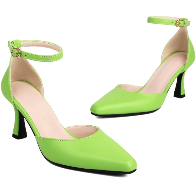 Sandals Women's Summer Medium Heels Close Toe Ankle Strap Elegant Green Black White New Party Wedding Dance Shoes Lady 42f1