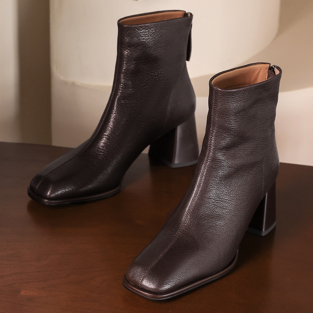 Autumn 2024 new women's sheepskin back zip autumn ankle boots 6cm thick high heel square toe elegant ladies short booties 34-42 e235