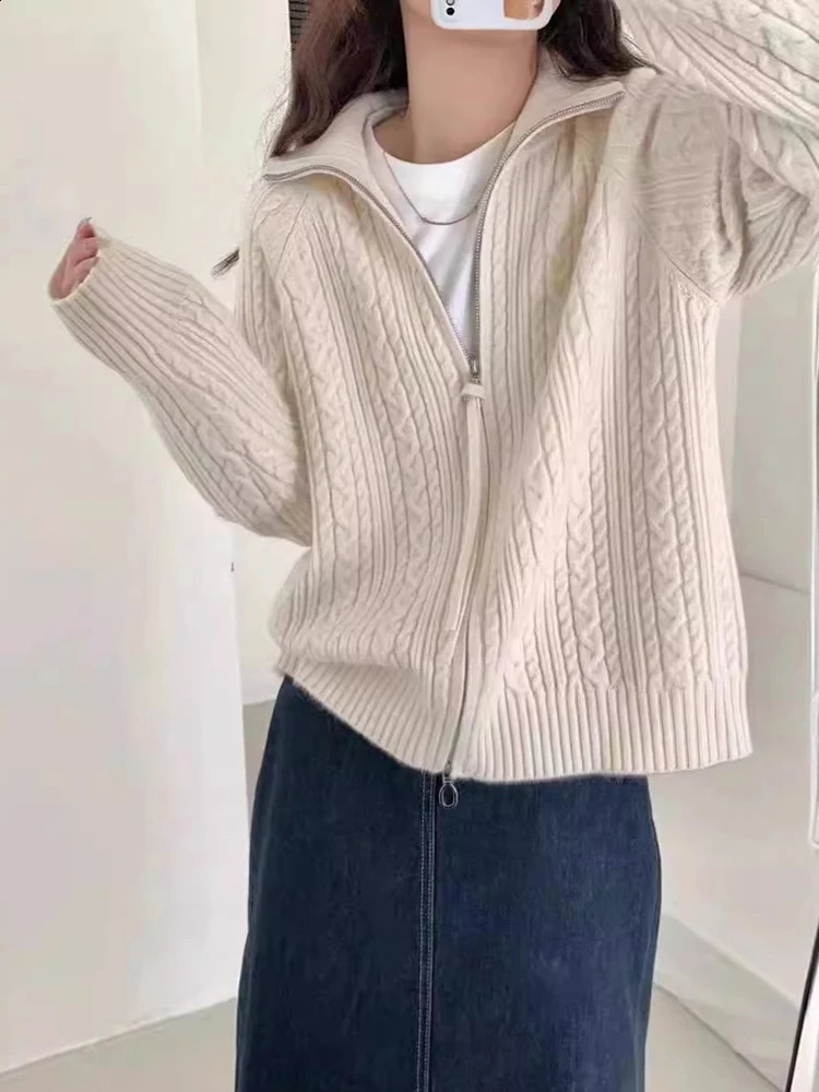 Aoaiiys Cardigan Women Zipper Knitted Casual Loose Long Sleeve Sweaters Korean Style Autumn Winter Fashion Female Cardigans 240904