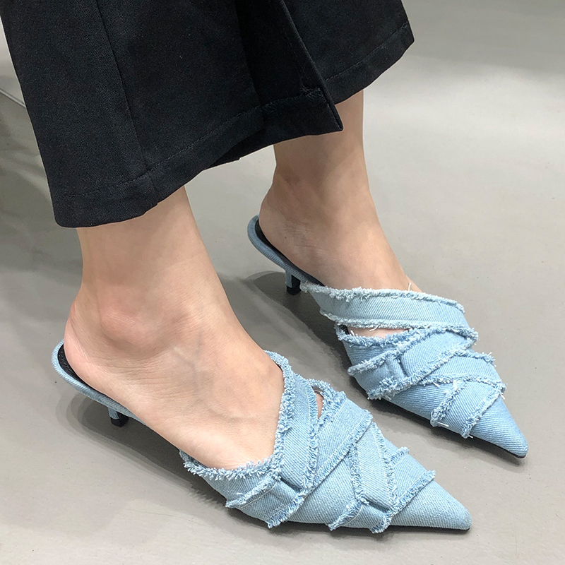 Heel Medium For Ladies 2023 Designer Fashion Denim Female Pointed Toe Pumps Heels Mules Slides Elegant Women Shoes 049d s