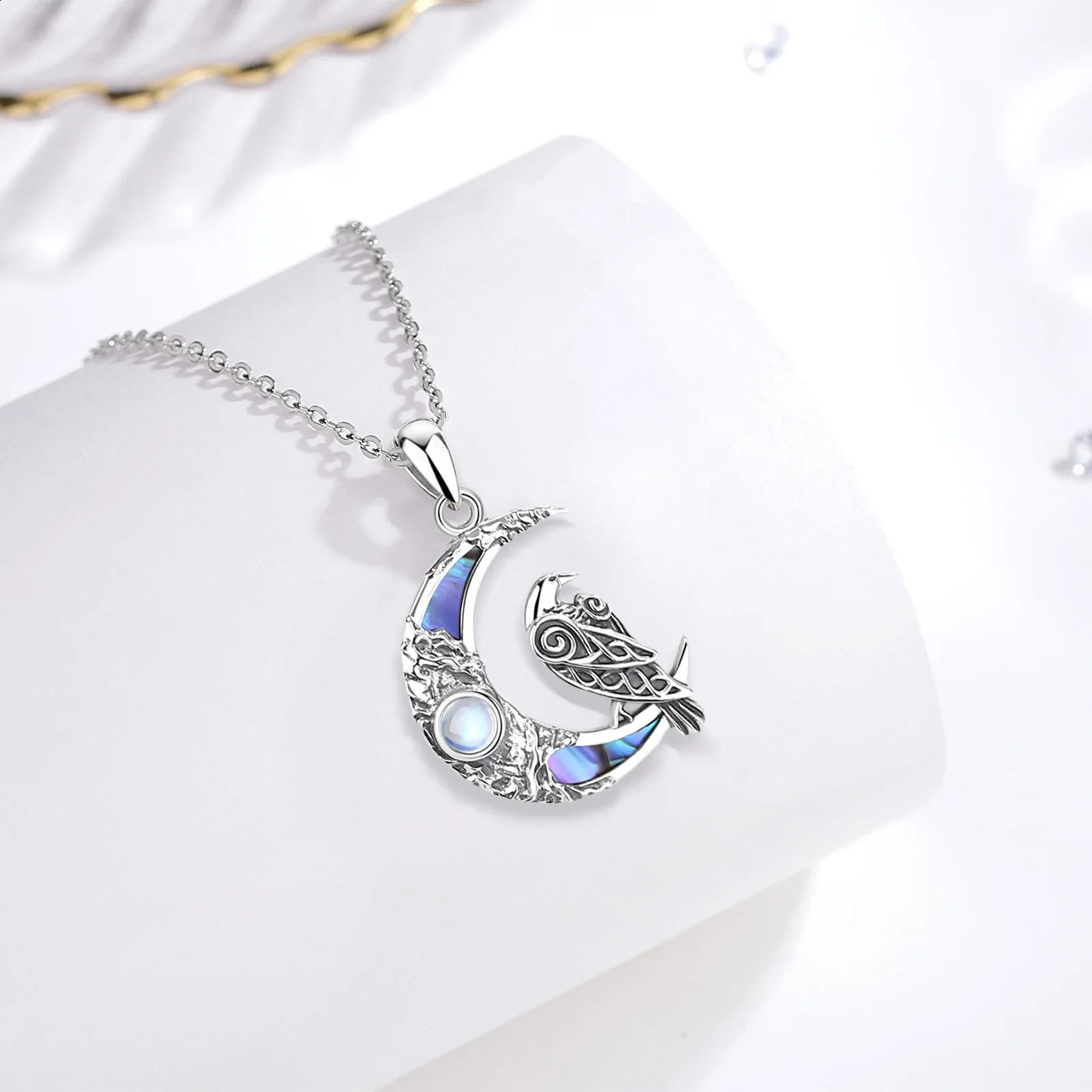 Eudora 925 Pure Silver Viking Crow Moon Necklace for Men Pentagram Talisman Pendant Natural Abalone Shell Jewelry 240912