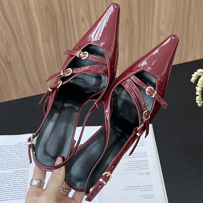 2025 new Size Big Wine Red Women Heeled Female Footwear Sgbac Fashion Buckle Ladies Thin Heels Sandals Pumps Shoes 2d6e