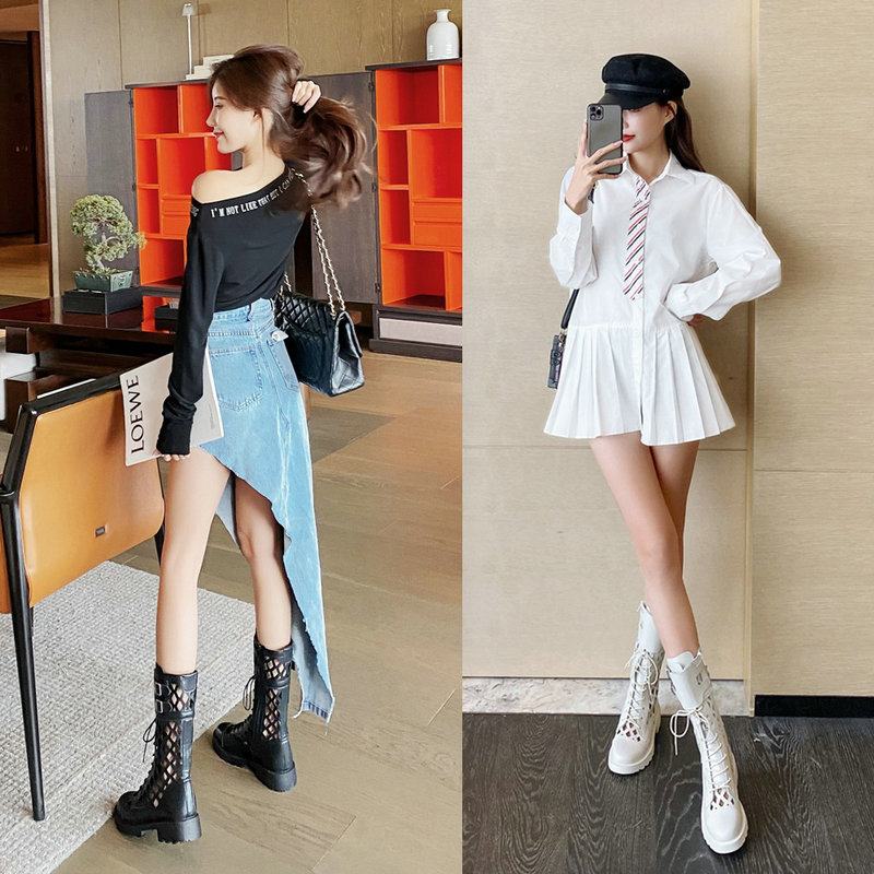 New 2024 Fashion Women Chunky Platform Ankle Black White Summer Hollow Out Breathable Cowhide Leather Zipper Middle Boots 39fd - view 6
