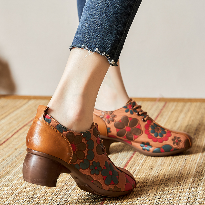 Spring/Autumn 2024 Genuine Leather Lace-Up Pumps, Chinese Style Printing Concise High Heels Ladies Shoes 4
