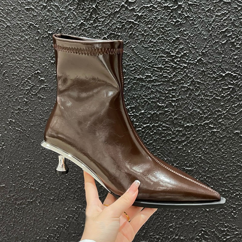 Fashion Metal Heel Women Ankle Stretch Female Designer Slip On Footwear Pointed Toe Ladies Elastic Short Boots Shoes 0279 bbbe dh31047