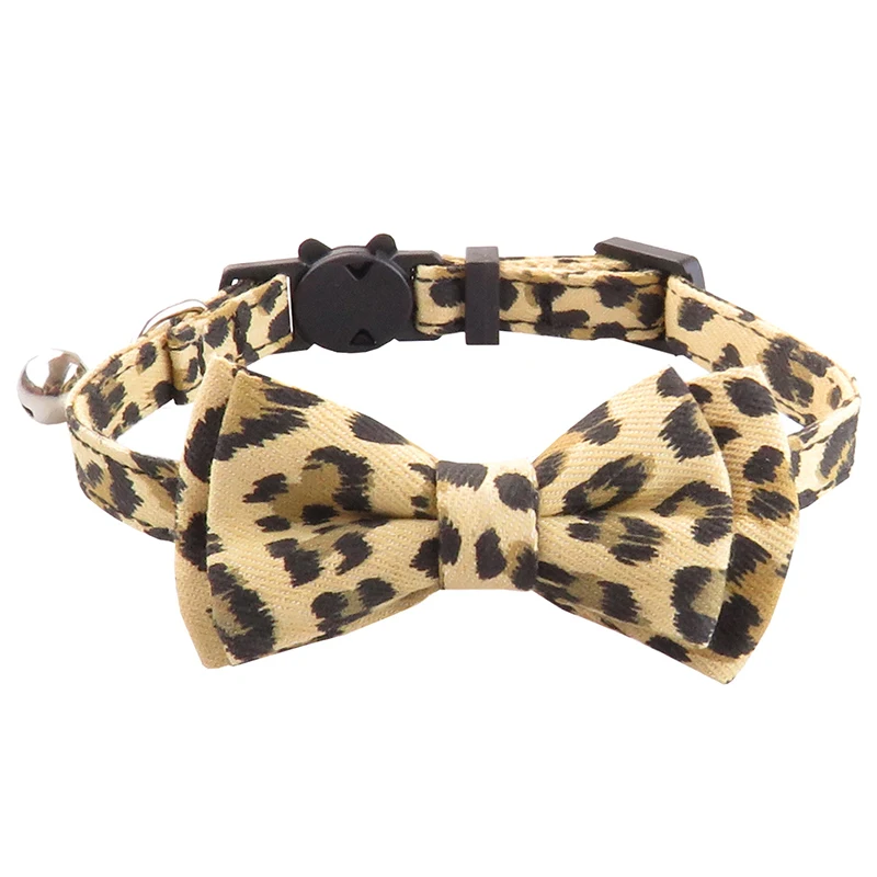 Leopard Pattern Cat Collar Breakaway Adjustable with Cute Removable Bowtie and Bell for Kitty and Other Small Dogs Pets Walking