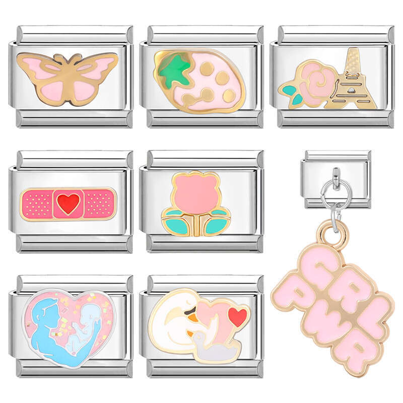 New Women's Gift Sweet pink heart Pendant Italian Charms Links Bangle Beads Fit 9mm Stainless Steel Bracelet Making DIY For Women Fashion Jewelry