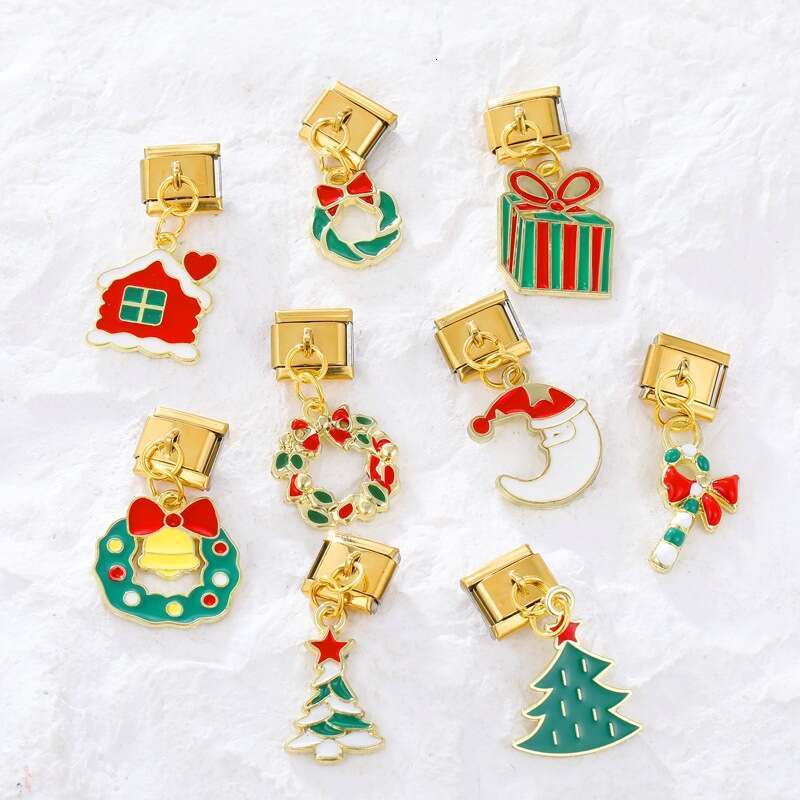 New Christmas Tree Snowman Deer Santa Claus Pendant Italian Charms Links Bangle Beads Fit 9mm Stainless Steel Bracelet Making DIY For Women Gift Fashi