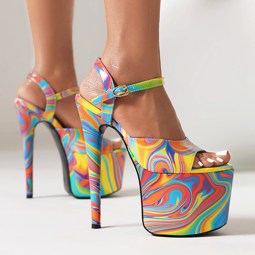 Smooth Patent Leather Material Leopard Print Ultra-High Slim Heel Peep Toe High Heels Platform Party Sexy Women's Sandals 2024