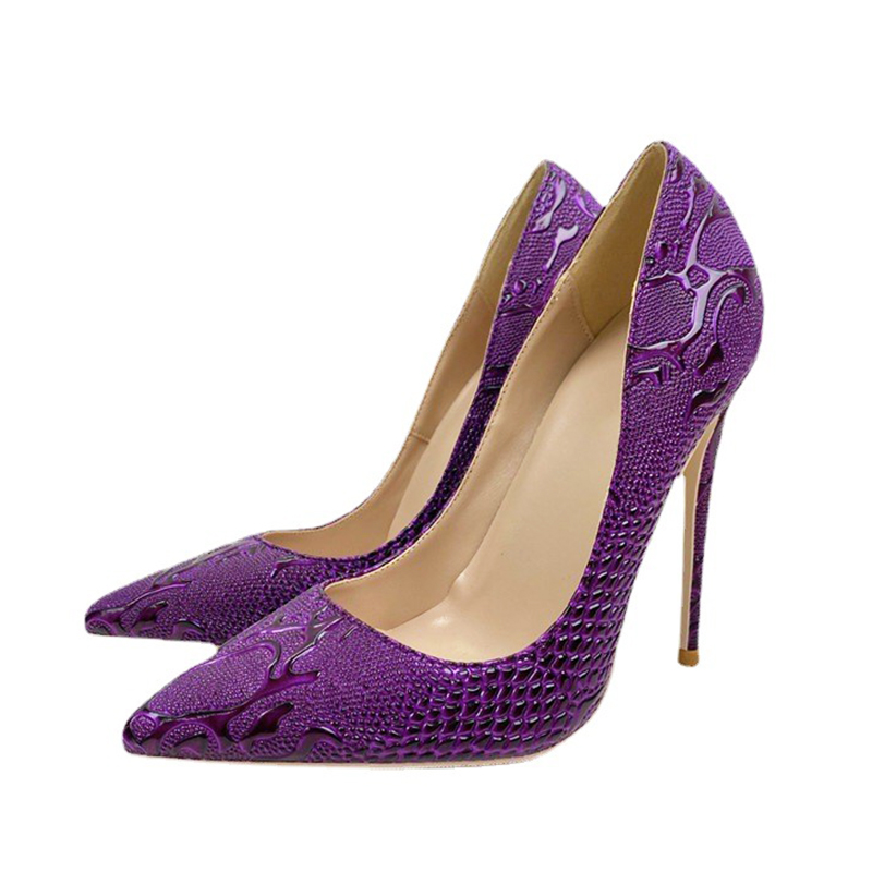 Purple Snake Patterned Luxury High Heels 12CM Pointed Thin Heel Single Shoes Comfortable Soft Leather Shallow Mouth Women Pumps
