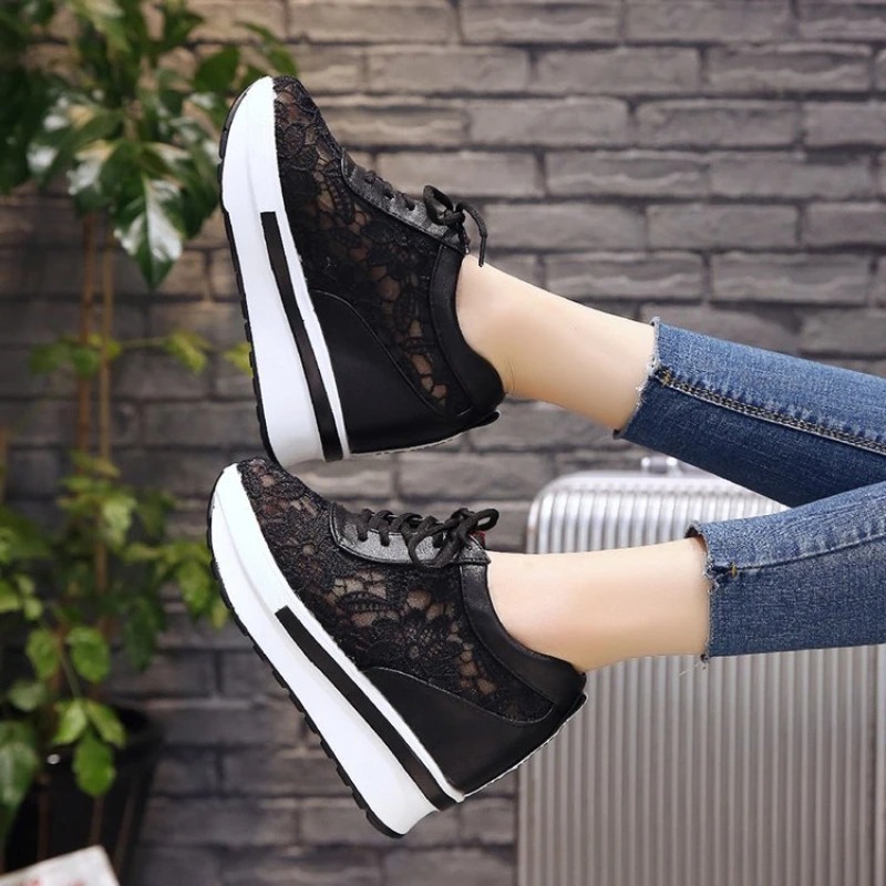 Womens Wedge Heel Mesh Sneakers Women's Shoes Thick Sole Sneakers Breathable Casual Shoes Lace Up Height Increasing White Tenis