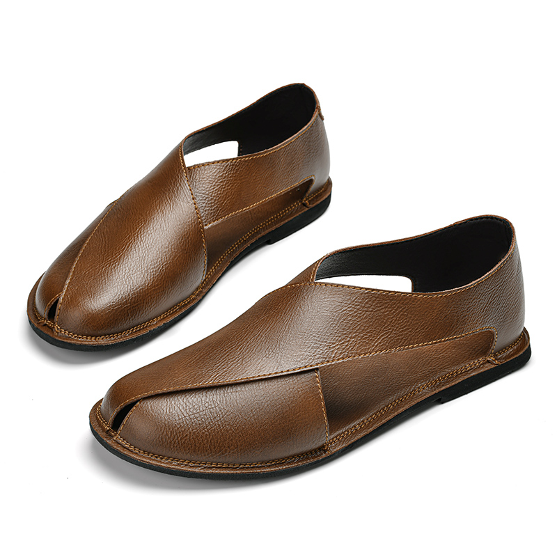 Brown Retro Sandals Mens Leather Shoes Breathable Leather Summer Shoes Hollow Hole Flats Soft Casual Sandals Wading Aqua Shoes