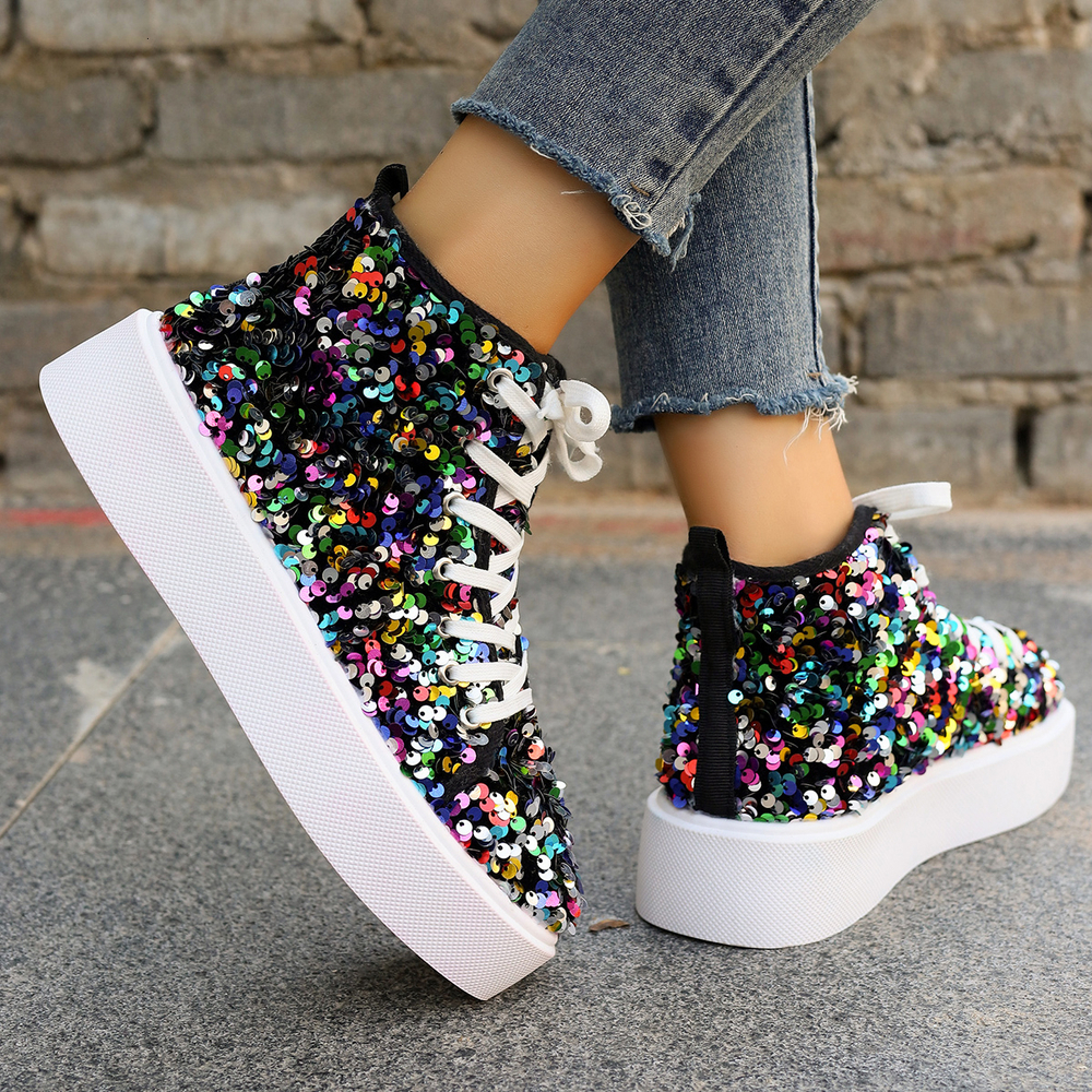 Female High-top Canvas Fashion Student Golden Sequins Platform Vulcanized Casual Running Sneakers Women Flat Shoes