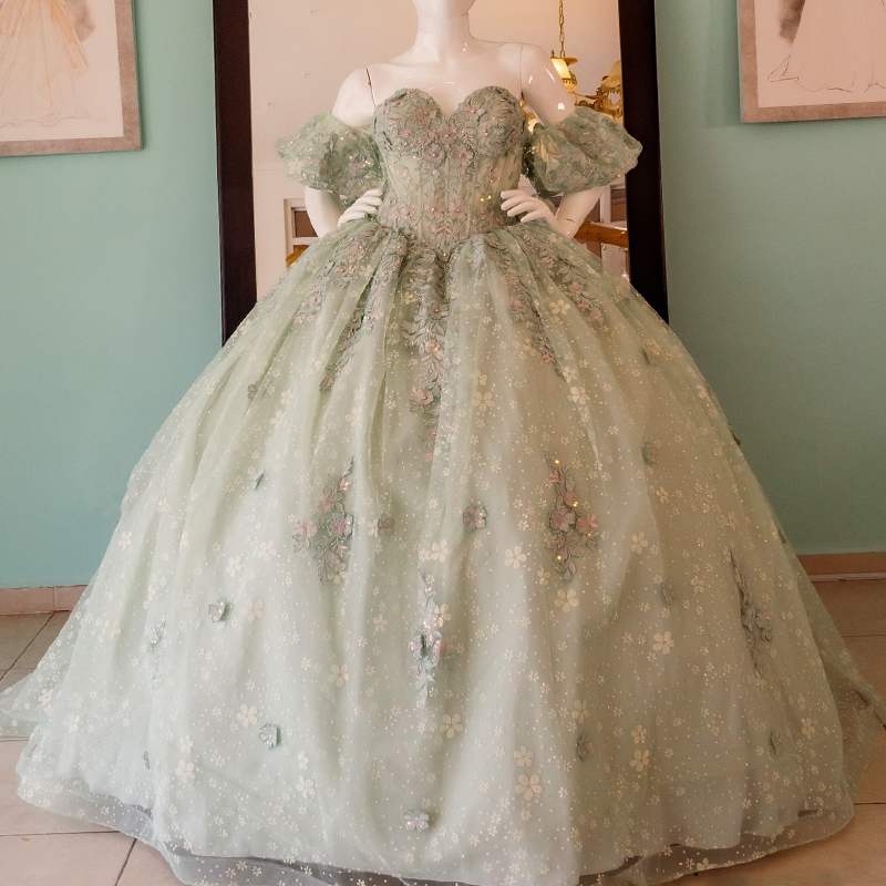 Sage Green Shiny Quinceanera Dress Ball Gown Lace Applique Bow Tull Corset Party Birthday Sweet 16 Dress Vestidos De 15 Anos