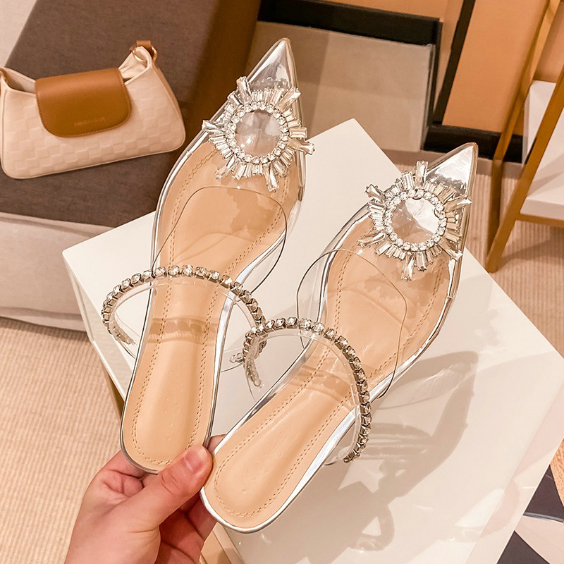 Luxury Rhinestone Transparent High Heels Crystal Sandals Women'S Summer Outside Wearing Pointed Toe Half Slippers